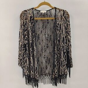 Anthropologie Ryu Black Lace Mesh Open Kimono Cardigan Size Medium w Fringe